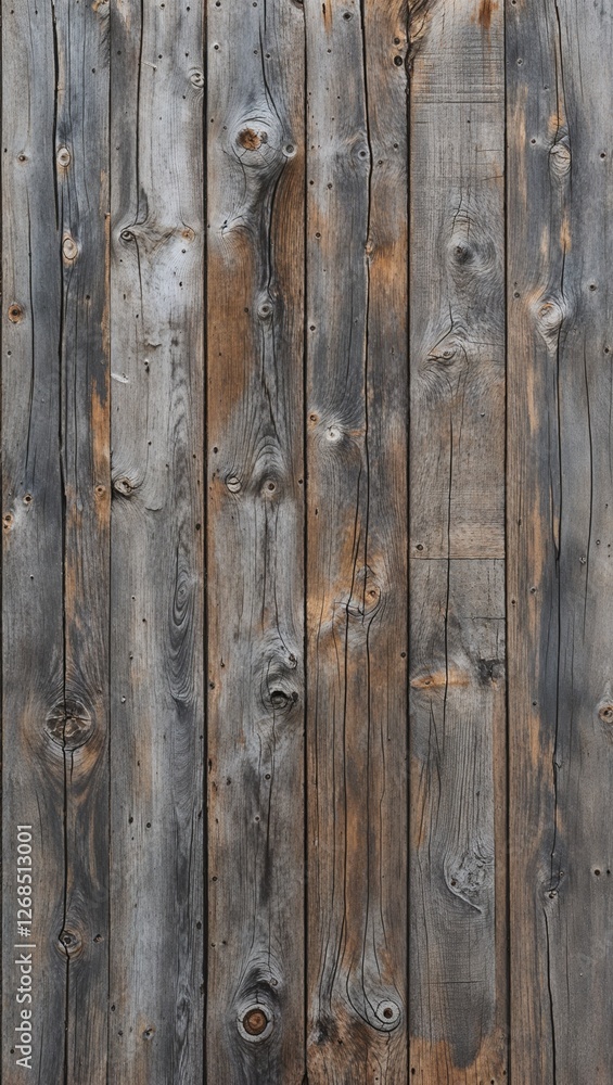 Fototapeta premium The planks are weathered, showcasing a variety of gray and brown tones, with visible grain patterns and knots. The texture is rough, indicating age and exposure to the elements. 
