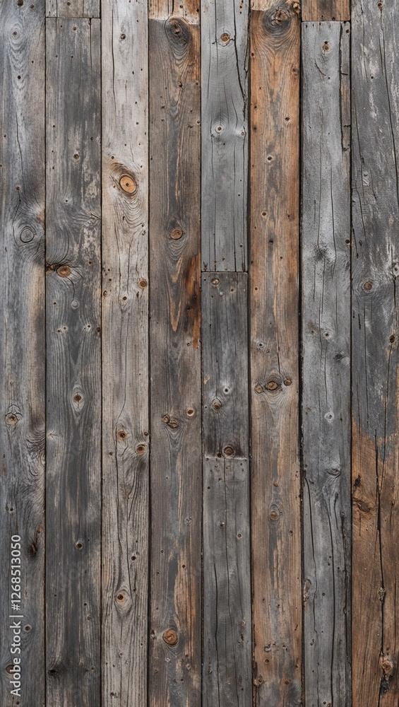 The planks are weathered, showcasing a variety of gray and brown tones, with visible grain patterns and knots. The texture is rough, indicating age and exposure to the elements. The planks are weathered, showcasing a variety of gray and brown tones, with visible grain patterns and knots. The texture is rough, indicating age and exposure to the elements.