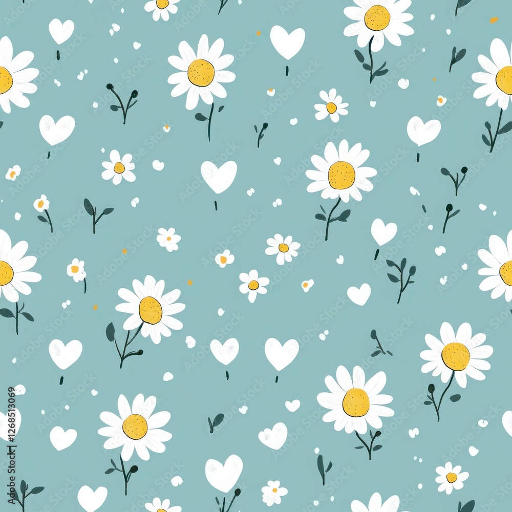 Seamless Pattern of White Daisy Flowers and Heart Shapes on Teal Blue Background Seamless Pattern of White Daisy Flowers and Heart Shapes on Teal Blue Background