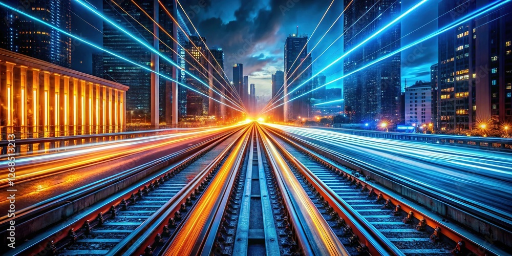 Fototapeta premium Futuristic Neon Train Tracks: Cityscape Motion Technology Stock Photo