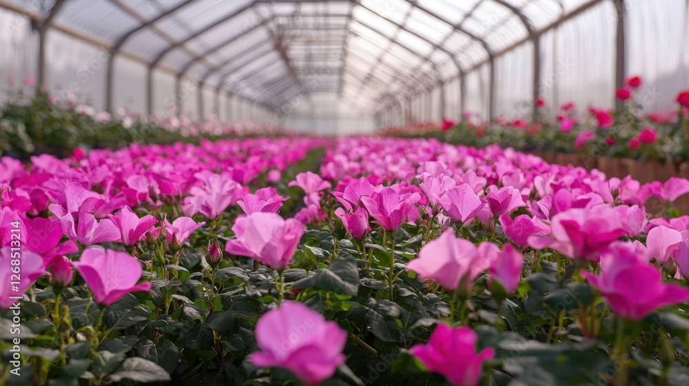 Obraz premium Vibrant pink flowers blooming in greenhouse nature photography lush environment close-up view floral beauty