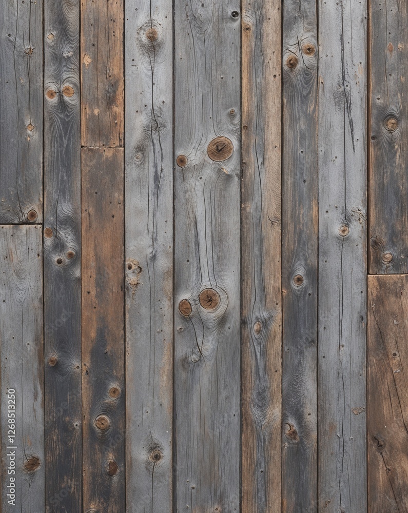 The planks are weathered, showcasing a variety of gray and brown tones, with visible grain patterns and knots. The texture is rough, indicating age and exposure to the elements. The planks are weathered, showcasing a variety of gray and brown tones, with visible grain patterns and knots. The texture is rough, indicating age and exposure to the elements.