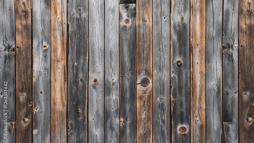 The planks are weathered, showcasing a variety of gray and brown tones, with visible grain patterns and knots. The texture is rough, indicating age and exposure to the elements. The planks are weathered, showcasing a variety of gray and brown tones, with visible grain patterns and knots. The texture is rough, indicating age and exposure to the elements.