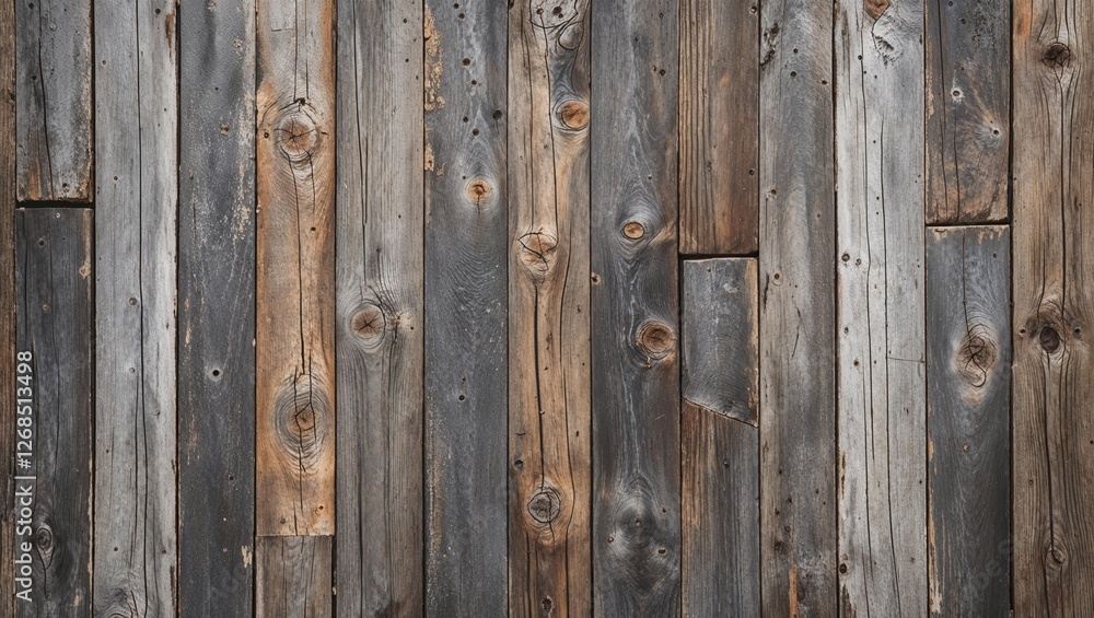 The planks are weathered, showcasing a variety of gray and brown tones, with visible grain patterns and knots. The texture is rough, indicating age and exposure to the elements. The planks are weathered, showcasing a variety of gray and brown tones, with visible grain patterns and knots. The texture is rough, indicating age and exposure to the elements.