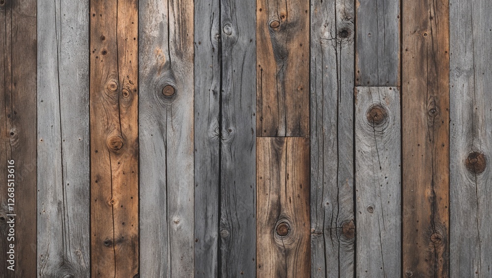 The planks are weathered, showcasing a variety of gray and brown tones, with visible grain patterns and knots. The texture is rough, indicating age and exposure to the elements. The planks are weathered, showcasing a variety of gray and brown tones, with visible grain patterns and knots. The texture is rough, indicating age and exposure to the elements.