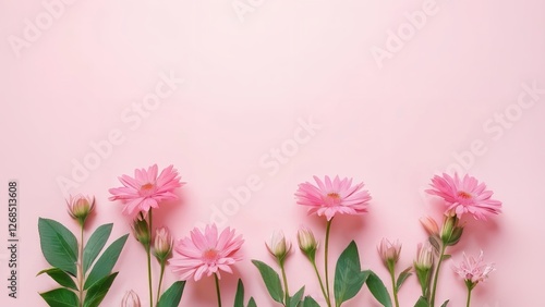 a vase filled with pink flowers next to a pink wall and some blue vases