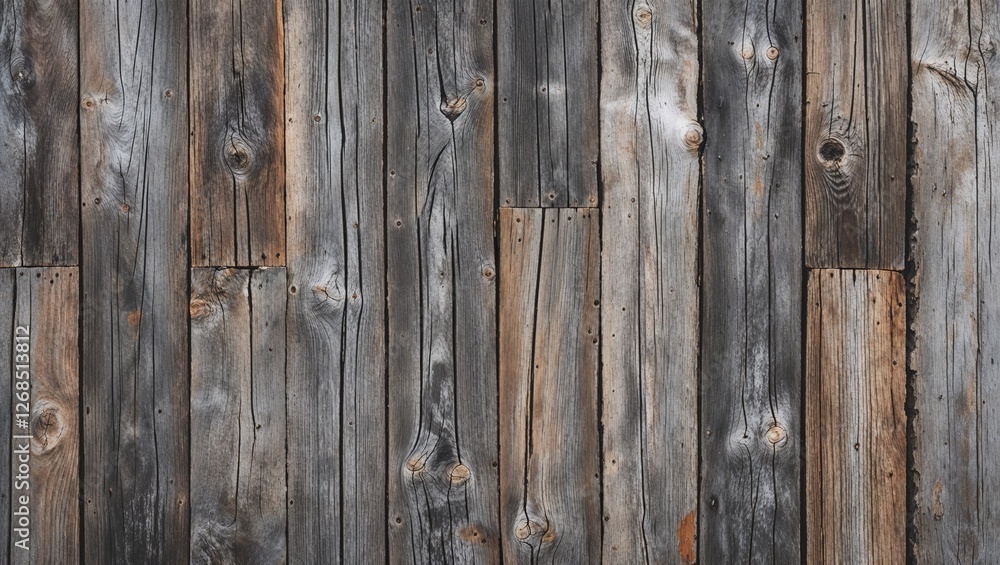 The planks are weathered, showcasing a variety of gray and brown tones, with visible grain patterns and knots. The texture is rough, indicating age and exposure to the elements. The planks are weathered, showcasing a variety of gray and brown tones, with visible grain patterns and knots. The texture is rough, indicating age and exposure to the elements.