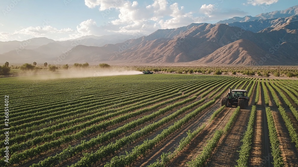 Fototapeta premium Tractor spraying crops in vast agricultural field with mountain backdrop.