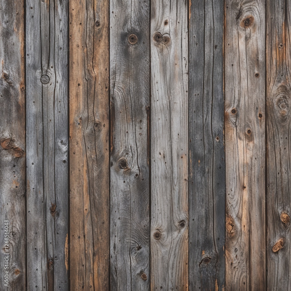 The planks are weathered, showcasing a variety of gray and brown tones, with visible grain patterns and knots. The texture is rough, indicating age and exposure to the elements. The planks are weathered, showcasing a variety of gray and brown tones, with visible grain patterns and knots. The texture is rough, indicating age and exposure to the elements.