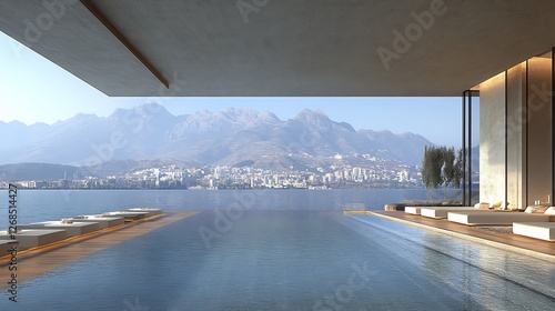 Serene infinity pool overlooks majestic mountains bathed in soft morning light. AI Generated
