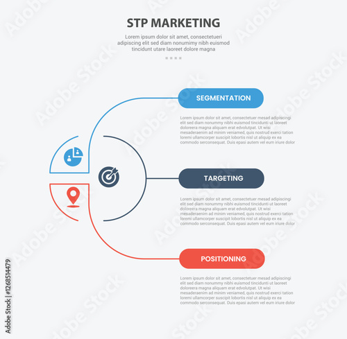 STP marketing infographic outline style with 3 point template with creative circle and link connection spreading for slide presentation