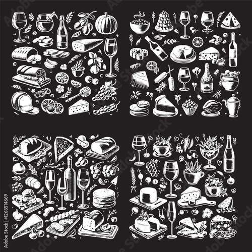 chalk food vector illustrations. wedding dinner icons, wine or champagne glass, cheese, and charcuterie drawings for wedding invitations, cafe menus, and parties.