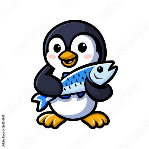 happy smiling penguin holding fish perfect for club or organization mascot vector illustration logo design