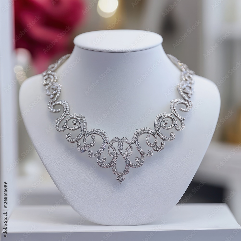 A stunning silver necklace with diamond intricate detailing, elegantly displayed on a white stand A stunning silver necklace with diamond intricate detailing, elegantly displayed on a white stand