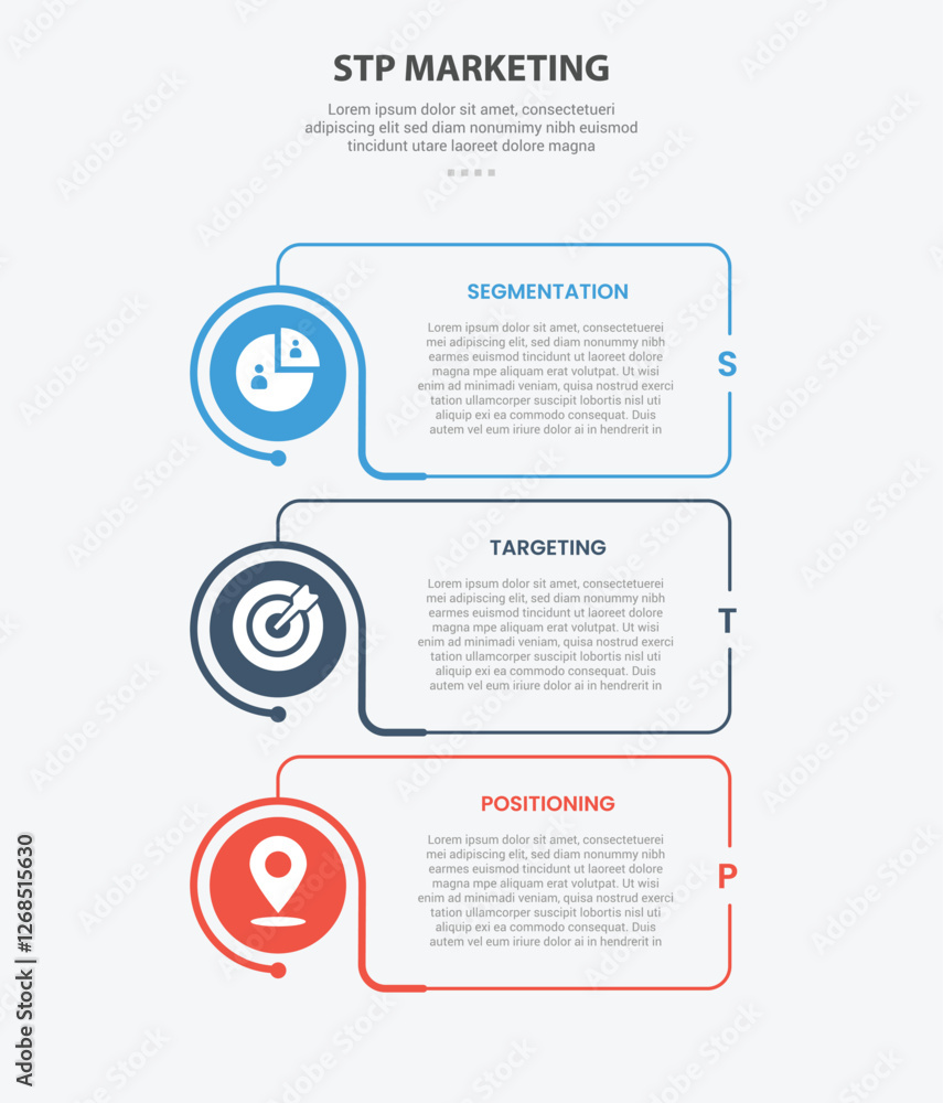 STP marketing infographic outline style with 3 point template with creative box with circle edge on vertical stack layout for slide presentation STP marketing infographic outline style with 3 point template with creative box with circle edge on vertical stack layout for slide presentation