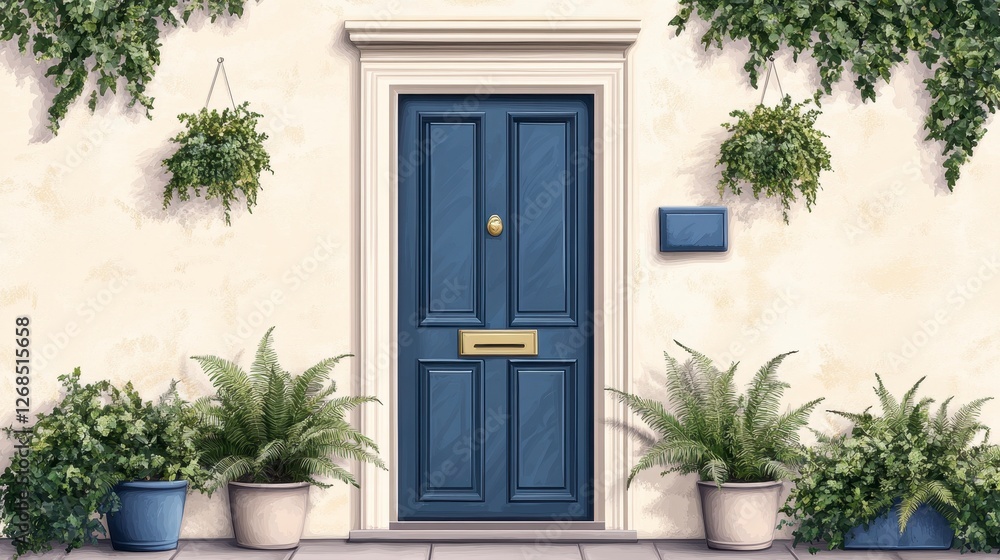 Fototapeta premium front wall of a house with a midnight blue door, surrounded by soft cream-colored walls and a set of potted ferns