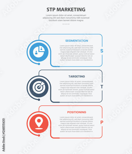 STP marketing infographic outline style with 3 point template with creative box with circle edge on vertical stack layout for slide presentation