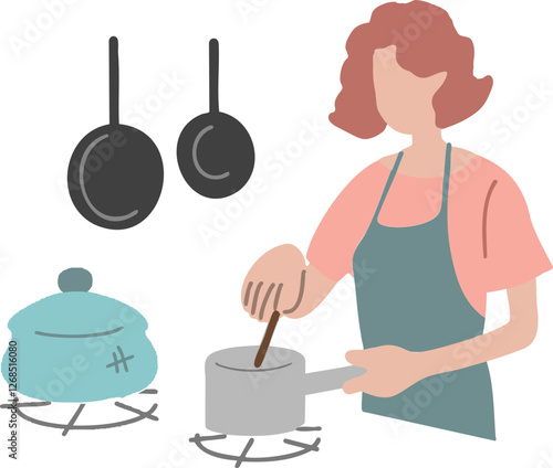요리, 가정 부엌, 女, 쉐프, 벡터, 레스토랑, 팬, 냄비, 식당, home, 숟가락, 포크, 실루엣, 점심, 식사, 먹을것, 취미