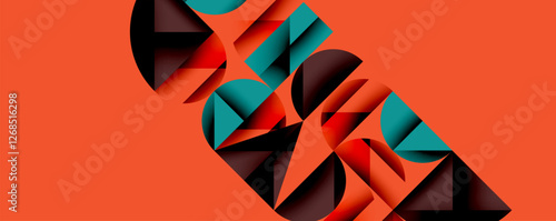Abstract geometric background with layered gradient shapes forming dynamic patterns. Overlapping semi circles and triangles create depth and contrast