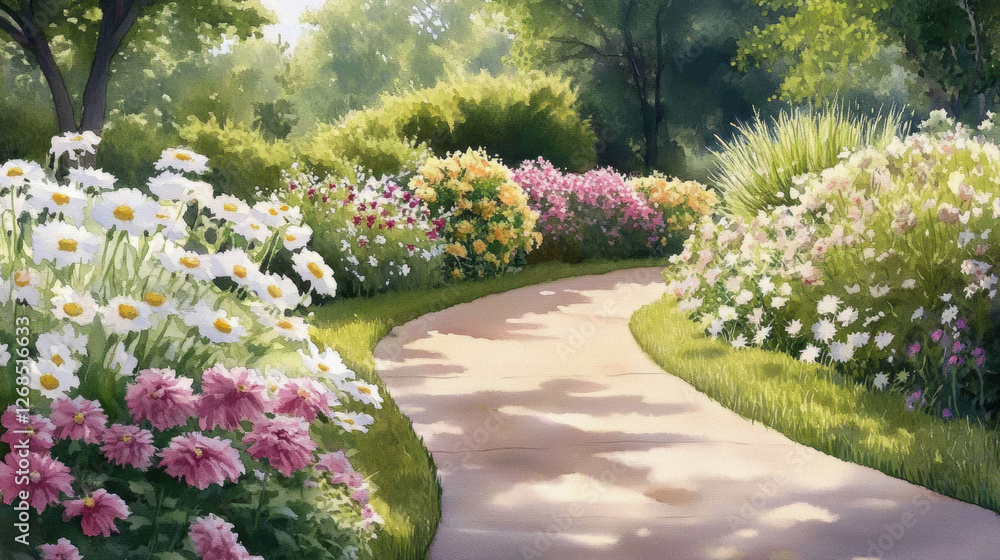 Obraz premium winding garden path bordered by blooming flowers in shades of pink, white, and yellow, bathed in warm sunlight. Lush greenery and trees create peaceful, inviting atmosphere