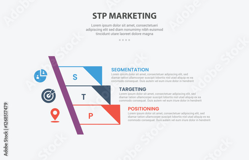 STP marketing infographic outline style with 3 point template with sharp rectangle stairway ladder with triangle edge for slide presentation