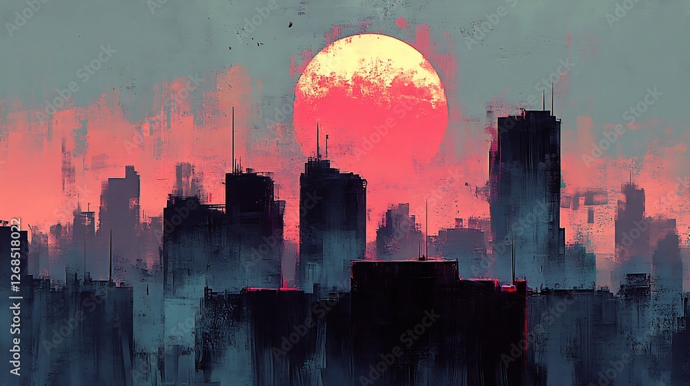 Fototapeta premium Smoggy city skyline glows under a huge crimson sunset. AI Generated