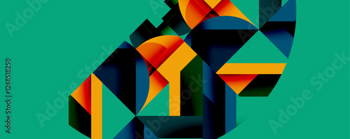 Abstract geometric artwork with interwoven angular and curved shapes, dynamic composition with smooth gradients and bold contrasts