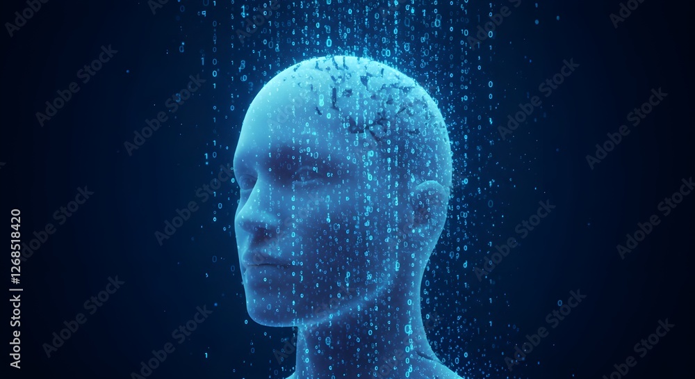 Futuristic digital human head with flowing data streams, representing artificial intelligence, deep learning, and virtual consciousness in a cybernetic world Futuristic digital human head with flowing data streams, representing artificial intelligence, deep learning, and virtual consciousness in a cybernetic world