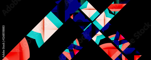 Abstract geometric artwork with interwoven angular and curved shapes, dynamic composition with smooth gradients and bold contrasts