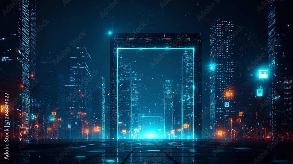 Fototapeta premium Futuristic Cityscape with Glowing Portal at Night