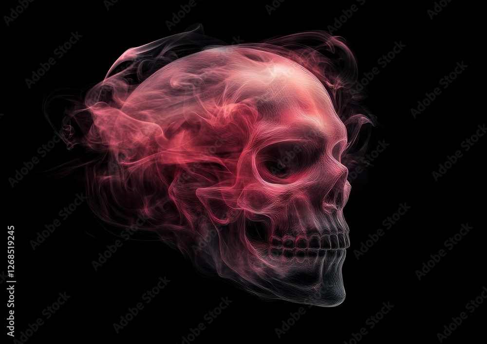 Fototapeta premium A realistic skull with swirling smoke effects on a dark black backdrop