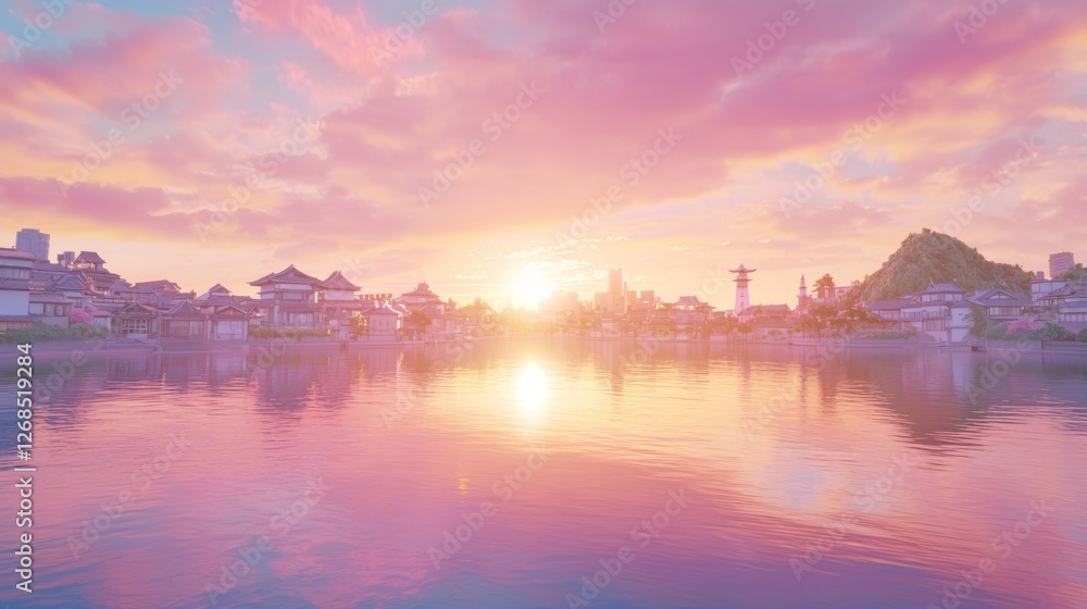 Vibrant Sunrise Over Coastal Town with Reflection on Calm Water Vibrant Sunrise Over Coastal Town with Reflection on Calm Water