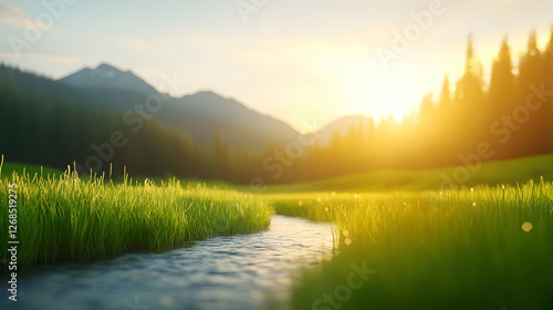 Sunset Over Lush Green Valley With River and Mountains