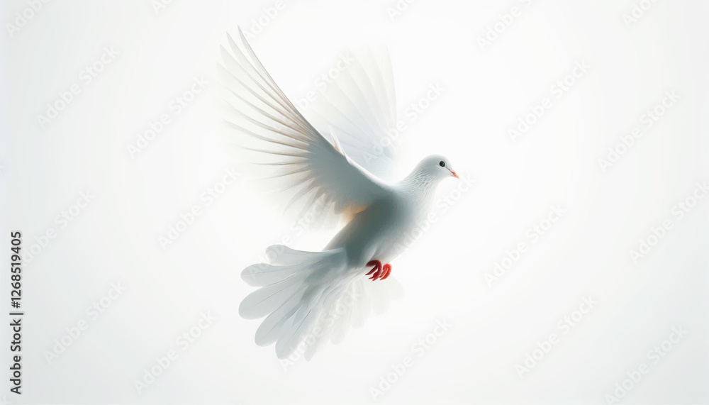 Obraz premium Pure white dove flying on a white background.