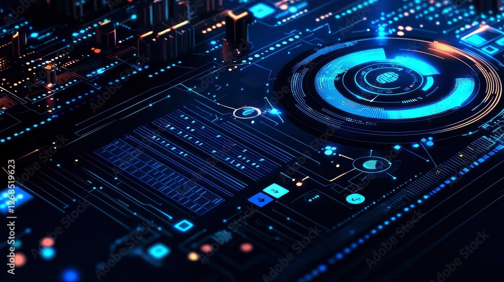 Futuristic Technology Circuit Board with Glowing Blue Interface Futuristic Technology Circuit Board with Glowing Blue Interface