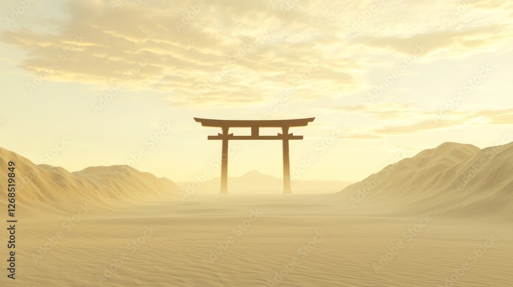 Mystical Desert Landscape with Torii Gate in Serene Atmosphere Mystical Desert Landscape with Torii Gate in Serene Atmosphere