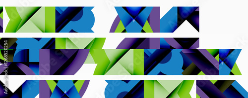 Abstract geometric artwork with interwoven angular and curved shapes, dynamic composition with smooth gradients and bold contrasts