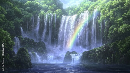 Tranquil Waterfall Scene with Rainbow in Serene Japanese Landscape
