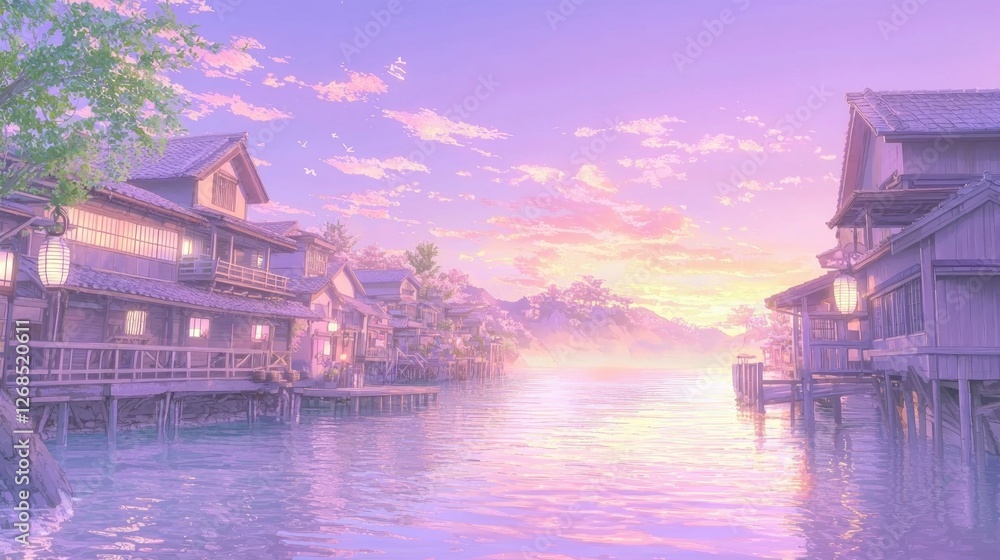 Fototapeta premium Serene Coastal Village at Twilight with Calm Waters and Soft Lights