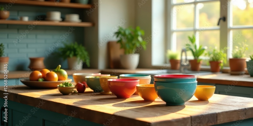 Sunlit Kitchen Counter with Colorful Bowls and Fresh Produce Sunlit Kitchen Counter with Colorful Bowls and Fresh Produce