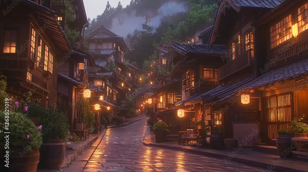 Charming Japanese Village Street at Twilight with Lanterns and Mist Charming Japanese Village Street at Twilight with Lanterns and Mist