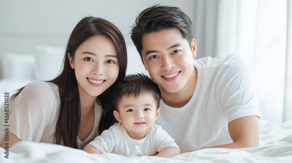 Smiling young couple with their child lying on a cozy bed, capturing a joyful moment with a camera. A warm family scene with a visible bedroom background. Perfect for family, love, and home concepts. Smiling young couple with their child lying on a cozy bed, capturing a joyful moment with a camera. A warm family scene with a visible bedroom background. Perfect for family, love, and home concepts.