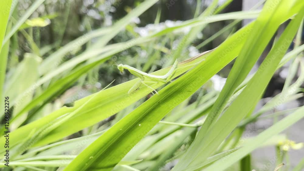 A Praying Mantis on Lush Green Blades of Grass A Praying Mantis on Lush Green Blades of Grass