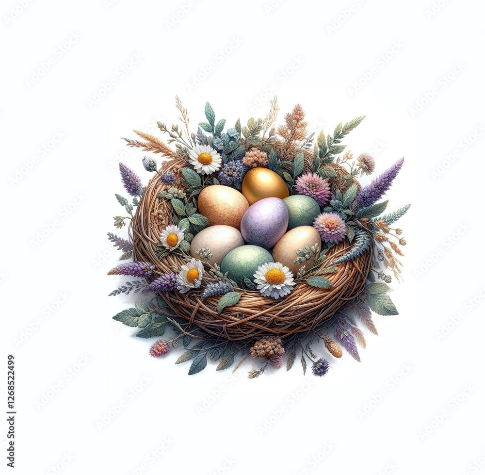 Soft painting style, colorful bird eggs placed inside a flower-encrusted nest Soft painting style, colorful bird eggs placed inside a flower-encrusted nest