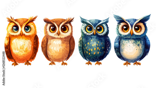 Wallpaper Mural four adorable cartoon owls with various colors are arranged in a row. They have big eyes and are all facing the viewer.  They are all standing upright on their feet, with their wings folded. Torontodigital.ca