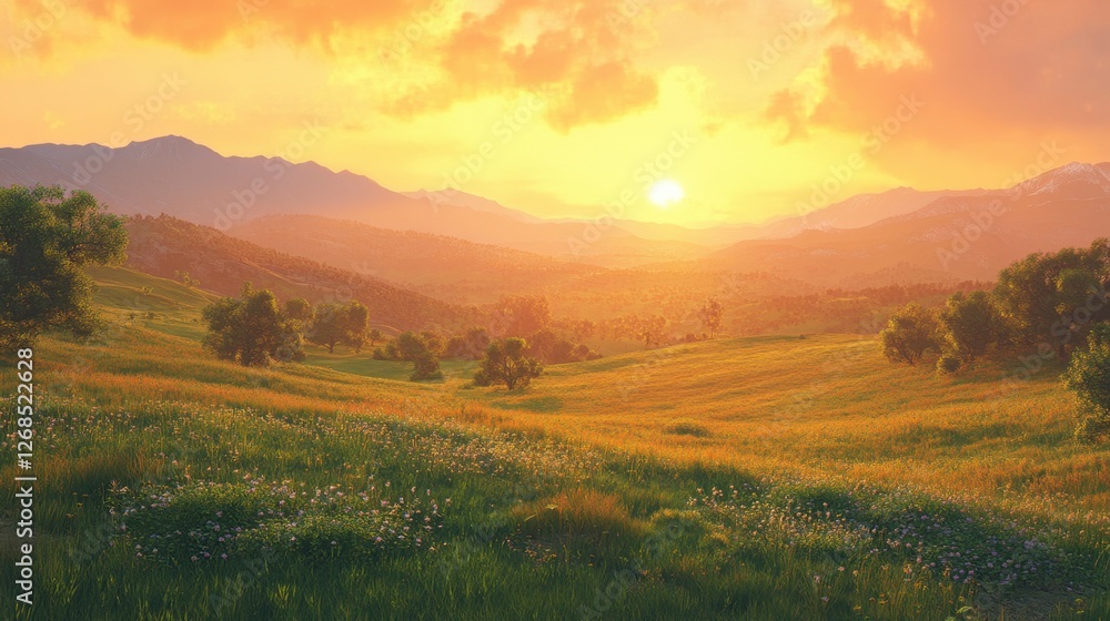 Fototapeta premium A serene sunset over rolling hills, with golden light cascading onto lush green meadows and distant mountain ranges
