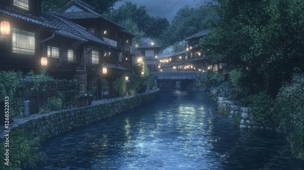 Serene Riverside Town Scene in Japan at Night with Soft Lights Serene Riverside Town Scene in Japan at Night with Soft Lights