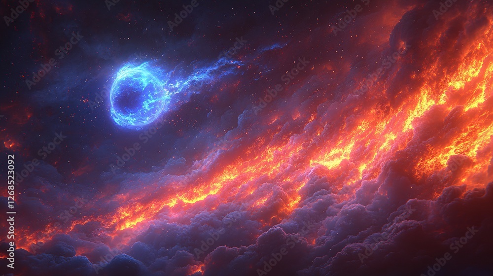 Obraz premium Eternal Moment of a Basketball in the Universe against a Fiery Cosmic Background