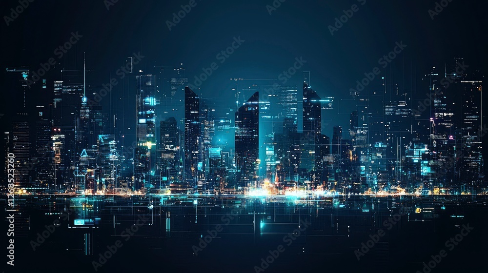 Naklejka premium Futuristic Smart City at Night Digital Overlay on Cityscape