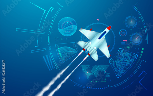 graphic of military air fighter with futuristic radar intarface and realistic sky background